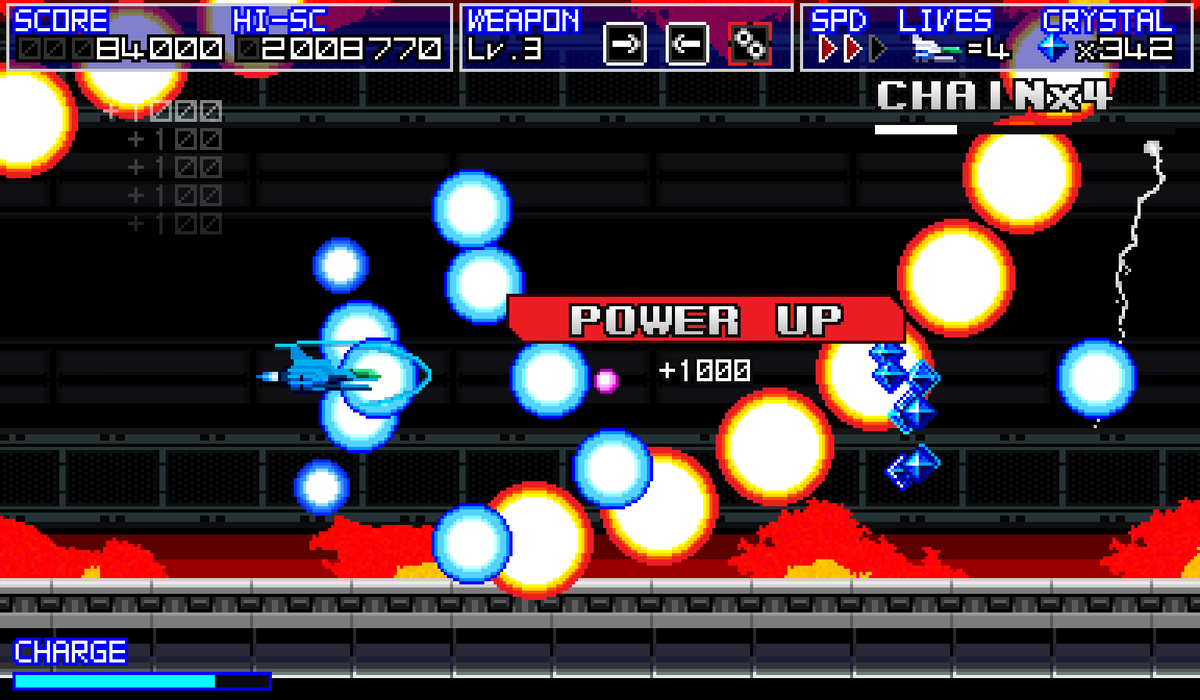 Terarin55's tweet image. ハイスピード横スクロールＳＴＧ！「Terra Flame（テラフレイム）」好評発売中！

懐かしいスタイルだけど遊びやすさは現代的な、爽快感溢れるＳＴＧです。ぜひ遊んでみてくださいね！

キャラバンモード搭載、オンラインランキング対応

store-jp.nintendo.com/list/software/…

#NintendoSwitch #TerraFlame