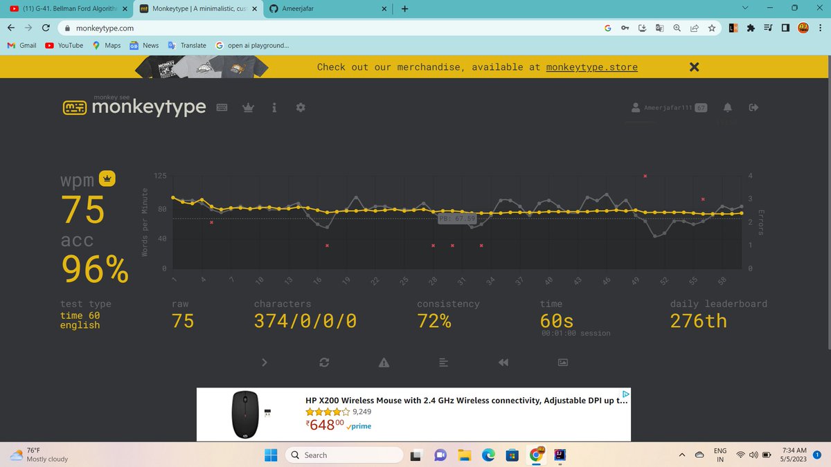 AJTECH37177095's tweet image. reached 75 wpm @Priyansh_31Dec 
#typing
#learningdsa