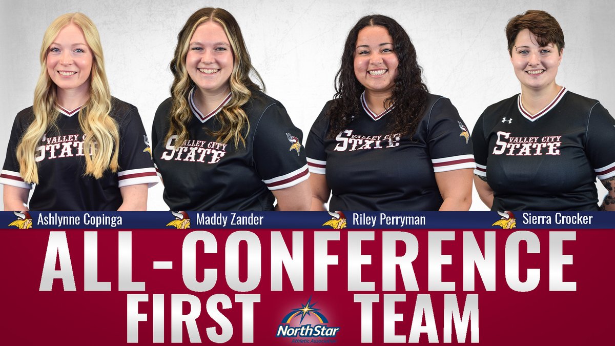 Congratulations to Ashlynne Copinga, Maddy Zander, Riley Perryman and Sierra Crocker for earning First Team All-Conference! #VCSUVikingPride 🥎🥇