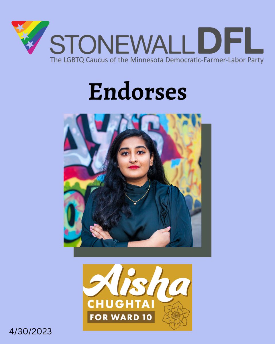 Stonewall DFL is pleased to announce the endorsement of @aishaforward10 in Minneapolis. To see all the Stonewall DFL endorsements for 2023 go to mnstonewalldfl.org/endorsed-candi… 1/