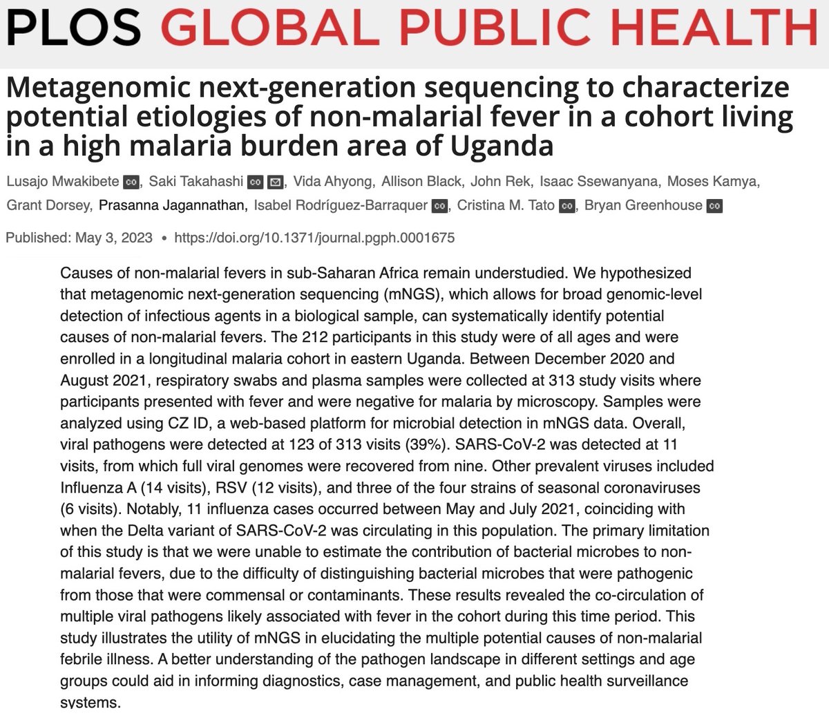 @EPPIcenter at UCSF (@eppicenter_ucsf) on Twitter photo Metagenomic next-gen sequencing to characterize non-malarial fever in malarial area of Uganda <a href="/PLOSGPH/">PLOS Global Public Health</a>
<a href="/LusajoMwakibete/">Saj</a> <a href="/sakitakahashi1/">Saki Takahashi</a> @vidaahyong <a href="/alliblk/">Alli Black</a> <a href="/JahnRek/">Rek.J.Cedric</a> <a href="/Isaacssewanyana/">Isaac ssewanyana</a> Kamya, Dorsey <a href="/prasannaj77/">Prasanna Jagannathan</a> @isabelrodbar <a href="/cristinamtato/">Cristina M. Tato</a> <a href="/bgreenhouse1/">Bryan Greenhouse</a>
journals.plos.org/globalpubliche… Metagenomic next-gen sequencing to characterize non-malarial fever in malarial area of Uganda <a href="/PLOSGPH/">PLOS Global Public Health</a>
<a href="/LusajoMwakibete/">Saj</a> <a href="/sakitakahashi1/">Saki Takahashi</a> @vidaahyong <a href="/alliblk/">Alli Black</a> <a href="/JahnRek/">Rek.J.Cedric</a> <a href="/Isaacssewanyana/">Isaac ssewanyana</a> Kamya, Dorsey <a href="/prasannaj77/">Prasanna Jagannathan</a> @isabelrodbar <a href="/cristinamtato/">Cristina M. Tato</a> <a href="/bgreenhouse1/">Bryan Greenhouse</a>
journals.plos.org/globalpubliche…
