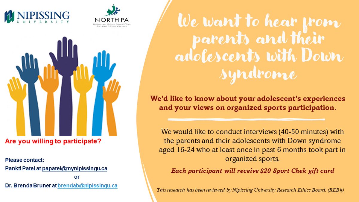 📢We're still looking for parents and their adolescents with Down syndrome from Northeastern Ontario to share their experiences in sport #DownSyndromeSports #NortheasternOntario
