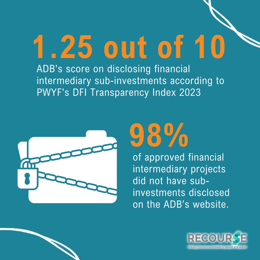 RecourseTeam's tweet photo. 7/8 The @ADB_HQ's financial intermediary investing lacks transparency according to @aidtransparency, making it impossible for civil society to track and monitor the implementation of the #ADB's #climatecommitments. 

#bettersafeguards #JustTransition #ADBAnnualMeeting #ADBIncheon https://t.co/pptjfLemjf