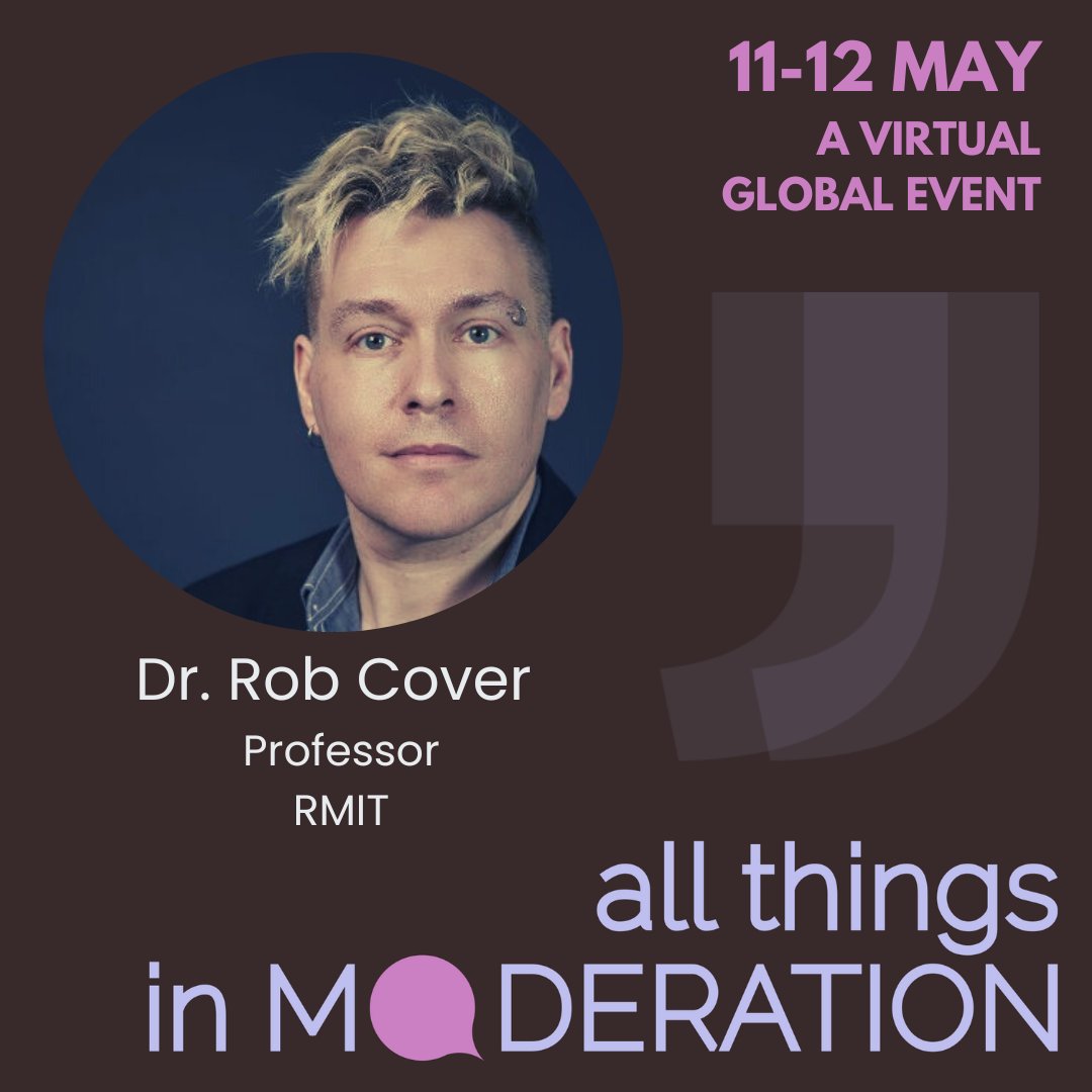All Things In Moderation (@all_moderation) on Twitter photo <a href="/robcover/">Professor Rob Cover</a> of <a href="/RMIT/">RMIT University</a> presents new research on perceptions of online moderators, only at All Things In Moderation 11-12 May online. Register to attend live or view on-demand at bit.ly/allthingsinmod… <a href="/robcover/">Professor Rob Cover</a> of <a href="/RMIT/">RMIT University</a> presents new research on perceptions of online moderators, only at All Things In Moderation 11-12 May online. Register to attend live or view on-demand at bit.ly/allthingsinmod…