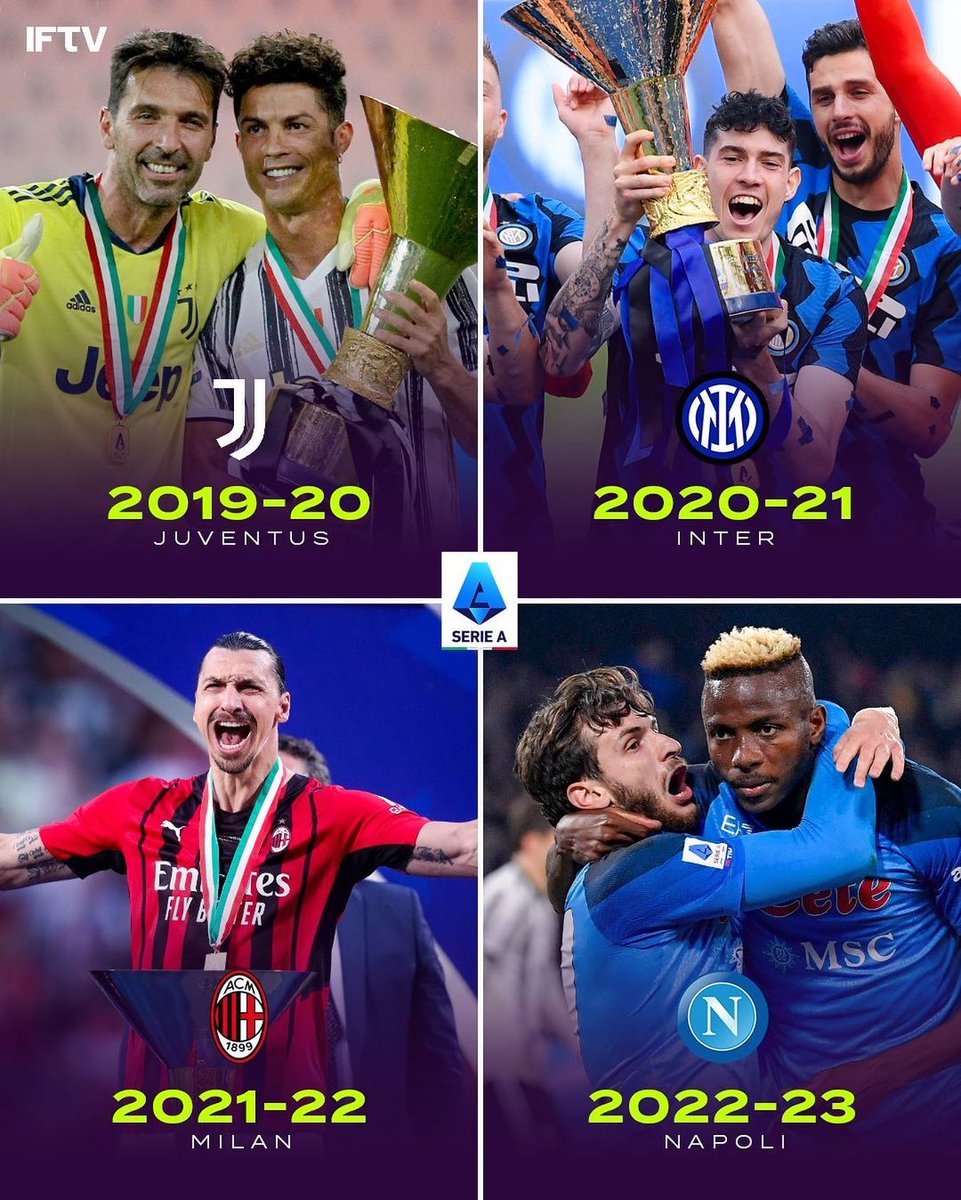 Four seasons, four different champions! 🏆🇮🇹

That's the beauty of Serie A, the unpredictability, and the excitement it brings. Congratulations to #Napoli for adding their name to the list of champions. Let's see what the next season brings! #ForzaSerieA #SerieAChampions #SerieA