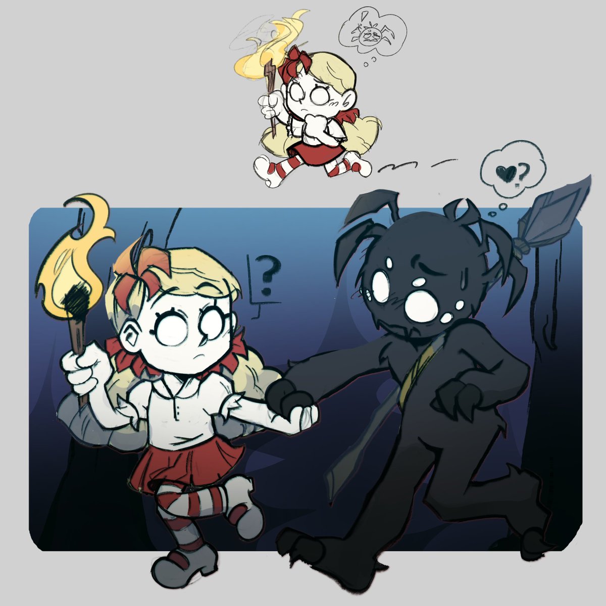 Parliy's tweet photo. That's right, she found a spider friend(?
I was too lazy to finish that chibi-
#wendydst #webberdst #DontStarveTogether #fanart https://t.co/j2XMg9kBVe