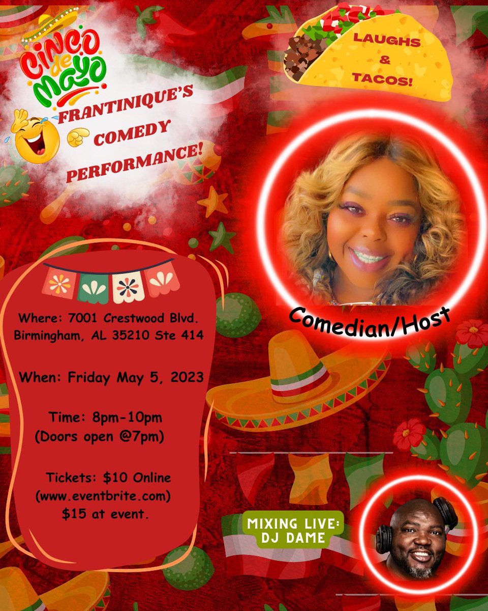 Thank you for supporting me! 🥳🥰

Online ticket sales are now closed but no worries you can pay at the door! 
CASH and CARD will be accepted! 

p.s. I’m about to do my BIG ONE! 🤩😎
#bigone #laughsandtacos #comedy #comedyshow #comedian #standupcomedy #cincodemayo #femalecomedian