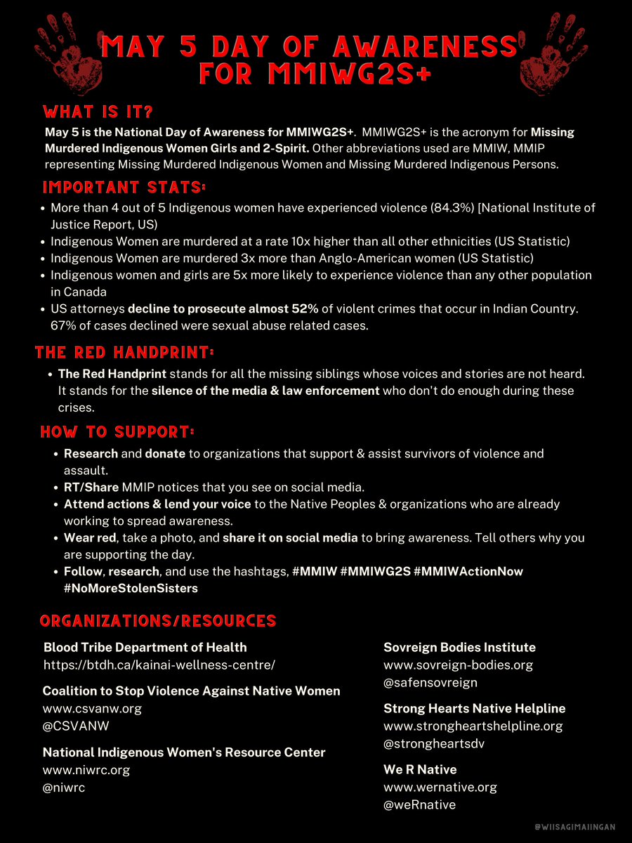 🧵1/ May 5 is the National Day of Awareness for MMIWG2S+. Here is an infographic I made for anyone willing to learn more &amp; support. 

(ALT-TEXT is in the thread below)