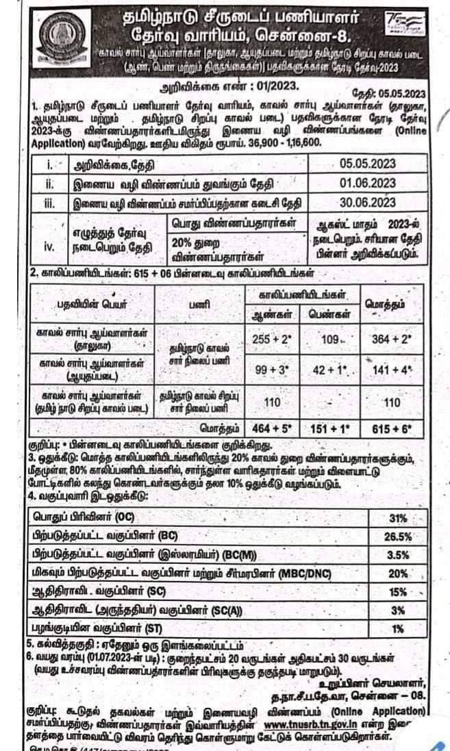 தமிழ்நாடு அரசு காவல்துறையில் சப் இன்ஸ்பெக்டர் பணிக்கான தேர்வு அறிவிப்பு வெளியீடு.

மிகப்பெரிய வாய்ப்பை போட்டித் தேர்வு மாணவர்கள் பயன்படுத்திக் கொள்ளவும்