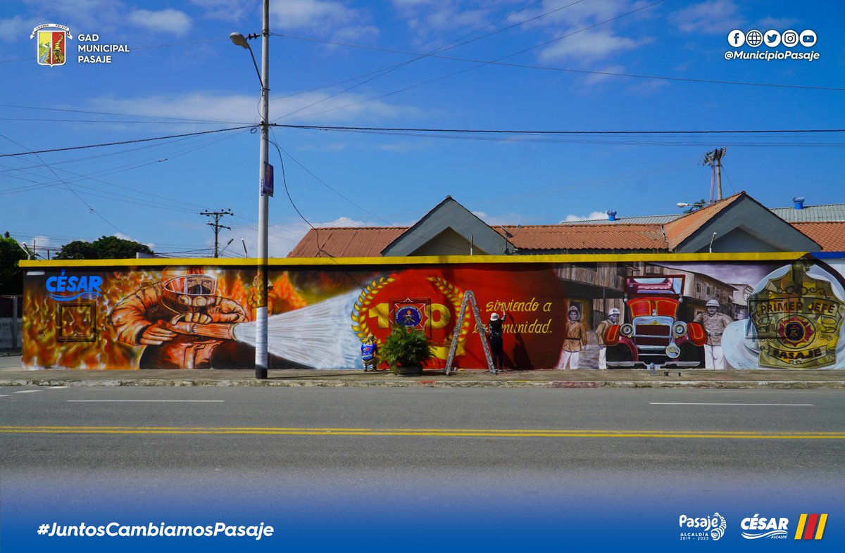 Rendimos homenaje a <a href="/BomberosPasaje/">BomberosdePasaje</a> en sus 100 años de creación, con el macro mural que resalta la labor desarrollada al servicio de la comunidad.

Alcalde <a href="/cesarencaladae/">CÉSAR ENCALADA ERRÁEZ</a> a través de la Dirección de Cultura, realizó mural pictórico para destacar el centenario de la institución.