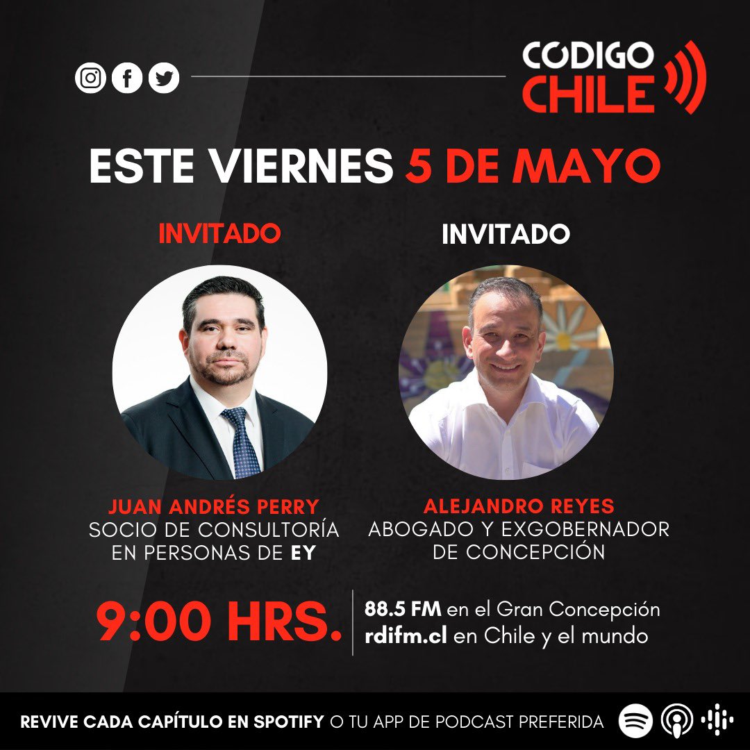 🎙️ Mañana viernes estaremos conversando junto a dos grandes invitados: Juan Andrés Perry, Socio de @EYChile y Alejandro Reyes, Abogado y ex gobernador de Concepción.

▶️ Acompáñanos a partir de las 9:00 hrs. En la 88.5 FM y rdifm.cl