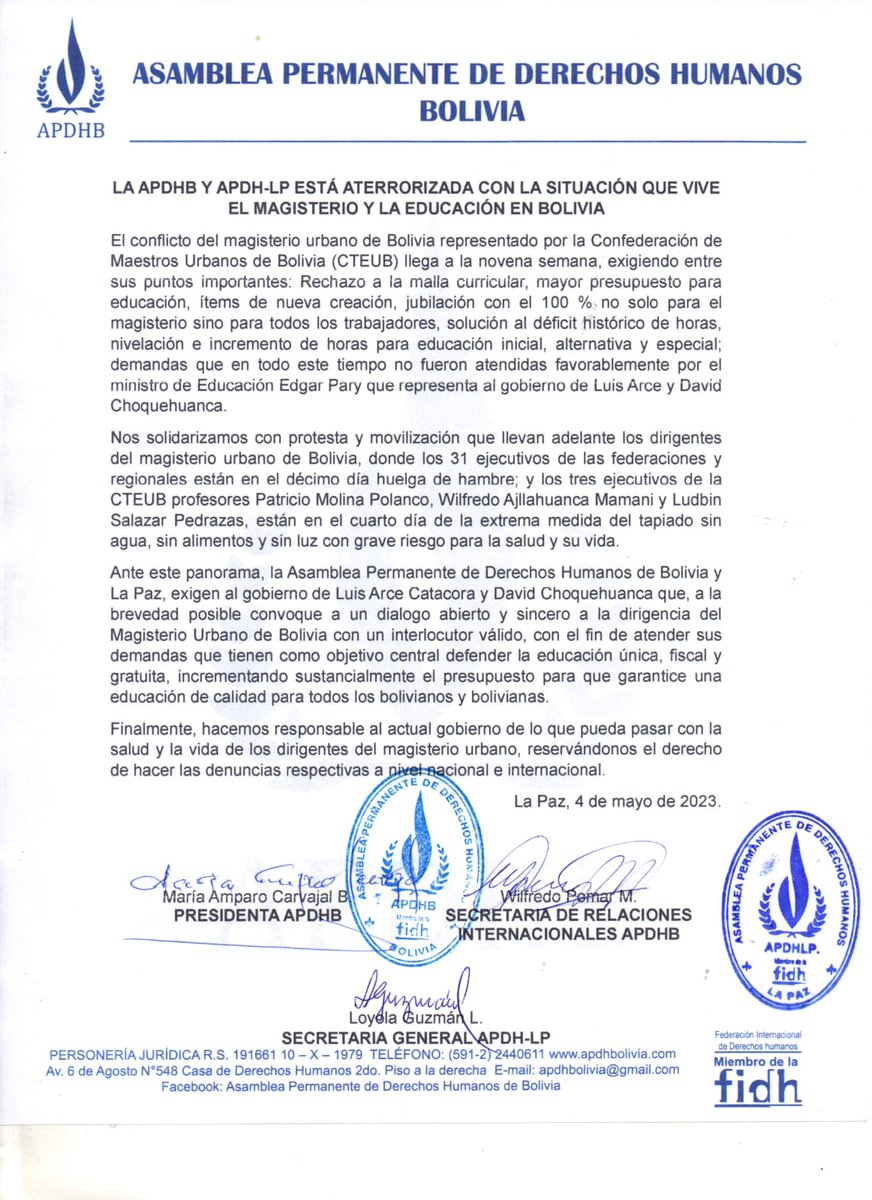APDHB's tweet photo. La APDHB se solidariza con el magisterio que por demandas justas está movilizado desde hace nueve semanas. https://t.co/RXnhQ9bPhh
