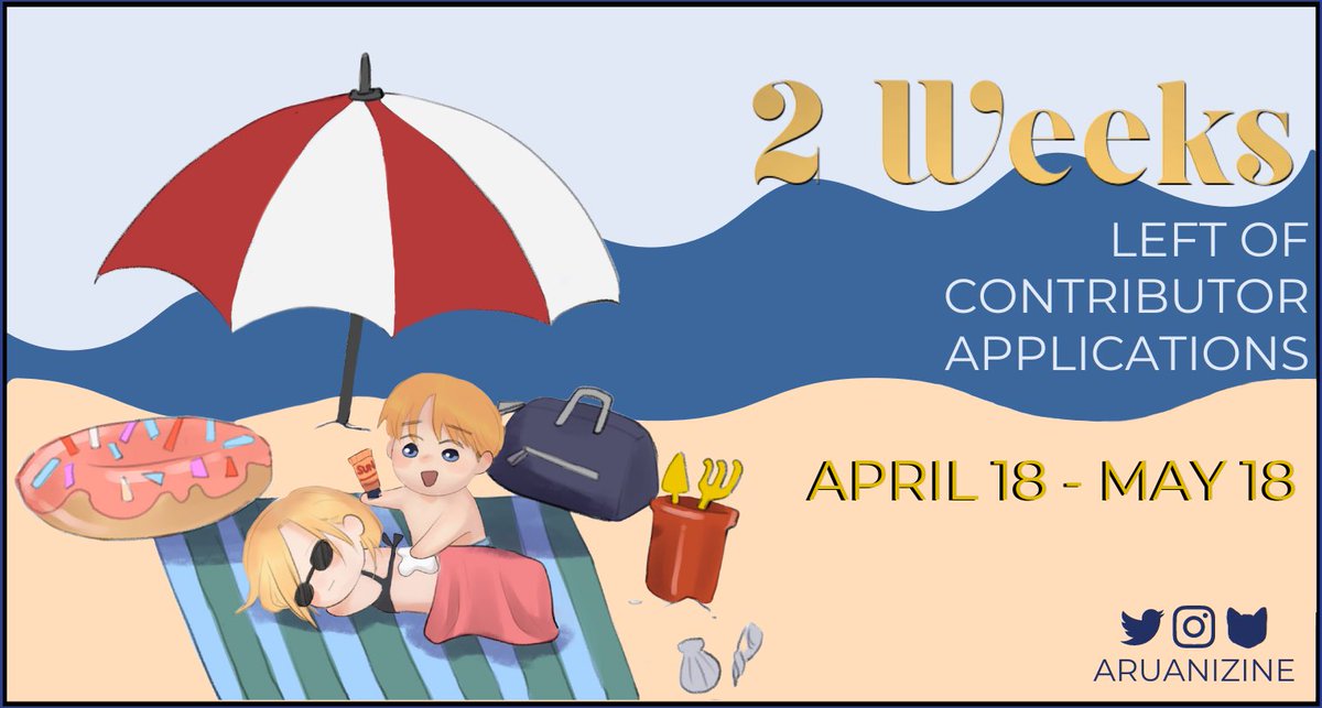 🏖️ T W O  W E E K S  L E F T
until contributor applications close!!  

↓ Come join our trip! 
Artist Apps: bit.ly/3L90Xno
Merch Apps: bit.ly/3GSFxsh 
Writer Apps: bit.ly/3Hi8U7J

✦: curiouscat.live/aruanizine
✧: aruanizine.carrd.co
#aruani #aot