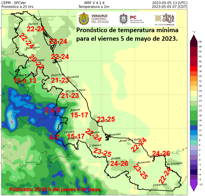 spcver's tweet photo. 🌡️Amigas y amigos se prevé un amanecer con ambiente templado a fresco. Aquí el pronóstico de temperaturas mínimas para las primeras horas de la mañana del viernes 5 de mayo.  👇 https://t.co/4Znuofocn8