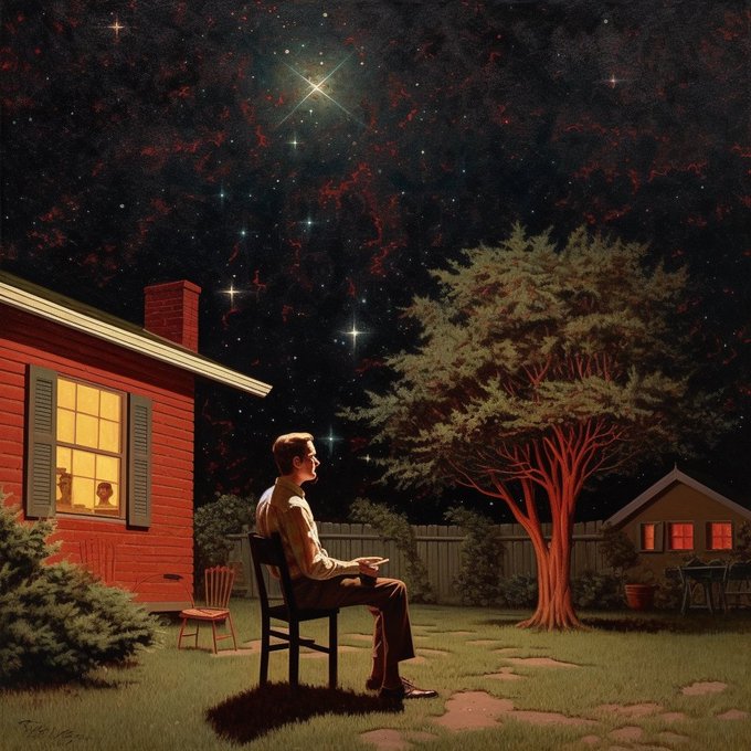 Prompt: a man smoking in his backyard under a tree looking up to the velvet red night sky after sunset with twinkling stars and Jupiter Venus and Mars shining bright, in the style of Edward hopper