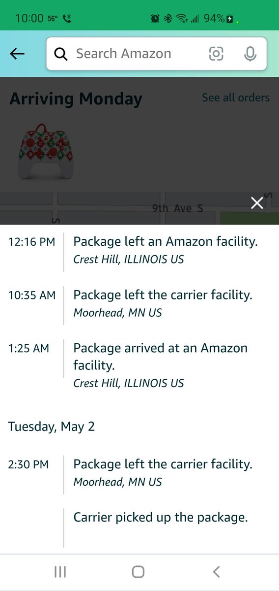 bigangrynate's tweet photo. @amazon So Moorhead, MN is about 80 miles from me, I'm in North Dakota. Why does my order need to go from Moorhead to Illinois to Brooklyn Park, MN? Seems like this could be a one maybe two day delivery. https://t.co/njiGRfduqK