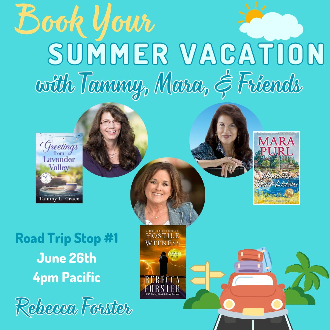 BOOK your summer vacation VIRTUAL ROAD TRIP! Join bestselling authors @TammyLGrace and @MaraPurl in conversation with @Rebecca_Forster in a live event on June 26th at 4pm Pacific/7pm Eastern. facebook.com/events/1121833… #authorchat #mystery #womensfiction