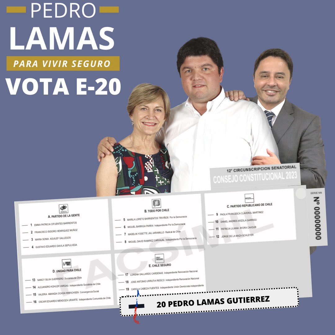 PedroLamasG's tweet photo. Este domingo 7 de Mayo vota Pedro Lamas E- 20 💪🏻🇨🇱🗳 #Elecciones2023 

#LosRíos #ParaVivirSeguro
#Futrono #RioBueno #LaUnion #LagoRanco #Panguipulli #Paillaco #Corral #Mafil #Mariquina #Lanco #LosLagos #Valdiviacl https://t.co/fY8AtzVF0v