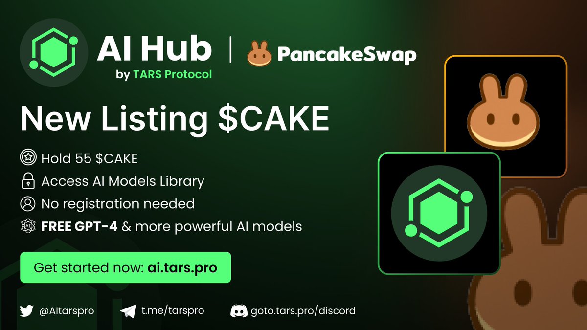 murphai_io's tweet photo. Welcoming $CAKE to 𝐓𝐀𝐑𝐒 𝐀𝐈 𝐇𝐮𝐛! @PancakeSwap 

With 55+ $CAKE explore our vast #AI Models Library & discover endless AI potential. Experience 𝐆𝐏𝐓-4 & other leading AI Models 𝐅𝐑𝐄𝐄, no sign-up necessary.

Head to 👇https://t.co/GVti566tr6 & embark on your AI adventure with #CAKE!

#AIGC #TARS #Web3
