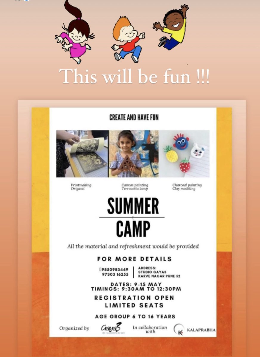 Special creative summer camp for kids!! Don’t miss this ..we have limited seats. 🎉🎨

#art #workshops #painting #party #kidsspecial #pune #events  #fun #puneevents #punekar #studiogaya3 #creative #bestartworkshops #summercamp  #handmade #camp #popular #kids #summer