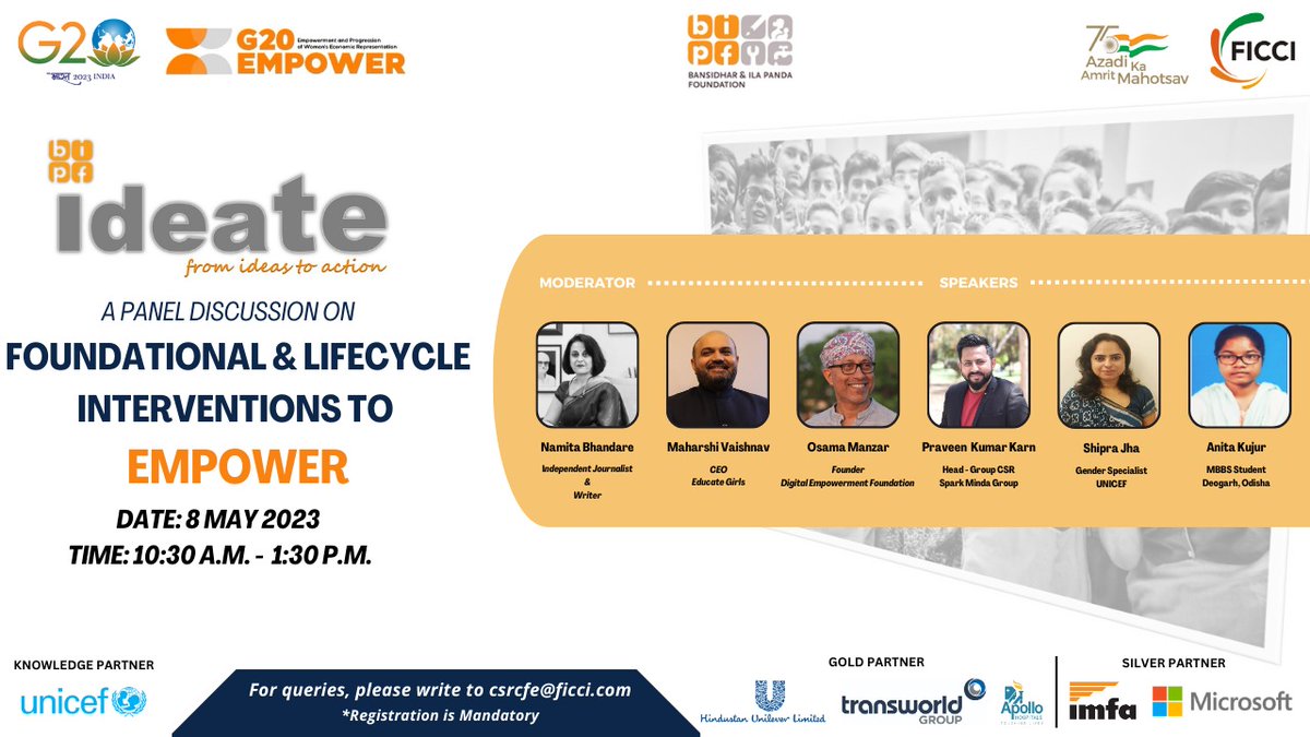 Bansidhar & Ila Panda Foundation (BIPF) (@bipf_odisha) on Twitter photo BIPF organises 12th edition of Ideate in partnership with FICCI & UNICEF as Knowledge Partner on 08th May 2023 from 11.00am – 1.30pm.
<a href="/AshishDhawanTCF/">Ashish Dhawan</a>
<a href="/OsamaManzar/">OsamaManzar</a>
<a href="/namitabhandare/">Namita Bhandare</a>
<a href="/shiprajhaswami/">Shipra Jha</a>
<a href="/subhrakantpanda/">Subhrakant Panda</a> <a href="/EduMinOfIndia/">Ministry of Education</a> <a href="/FicciCSR/">FICCI CSR</a> <a href="/g20empower/">G20 Empower</a> <a href="/UNICEFIndiaRep/">Cynthia McCaffrey</a> <a href="/UNICEFIndia/">UNICEF India</a> BIPF organises 12th edition of Ideate in partnership with FICCI & UNICEF as Knowledge Partner on 08th May 2023 from 11.00am – 1.30pm.
<a href="/AshishDhawanTCF/">Ashish Dhawan</a>
<a href="/OsamaManzar/">OsamaManzar</a>
<a href="/namitabhandare/">Namita Bhandare</a>
<a href="/shiprajhaswami/">Shipra Jha</a>
<a href="/subhrakantpanda/">Subhrakant Panda</a> <a href="/EduMinOfIndia/">Ministry of Education</a> <a href="/FicciCSR/">FICCI CSR</a> <a href="/g20empower/">G20 Empower</a> <a href="/UNICEFIndiaRep/">Cynthia McCaffrey</a> <a href="/UNICEFIndia/">UNICEF India</a>