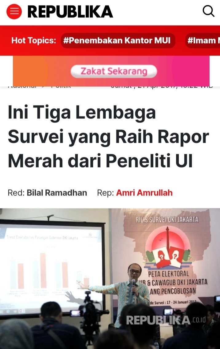 Lagi rame lmbaga2 survei bikin rilis2an capres 2024. Tp hrs ingat di pilgug dki 2017 lalu. 
Ini 3 lmbaga survei yg raih rapor merah. Juaranya Charta Politika, krn satu2nya yg mnggambarkn Ahok sdh mnyalip Anies. Knyataannya 180 derajat, dkungan Anies justru smakin mninggalkn Ahok.