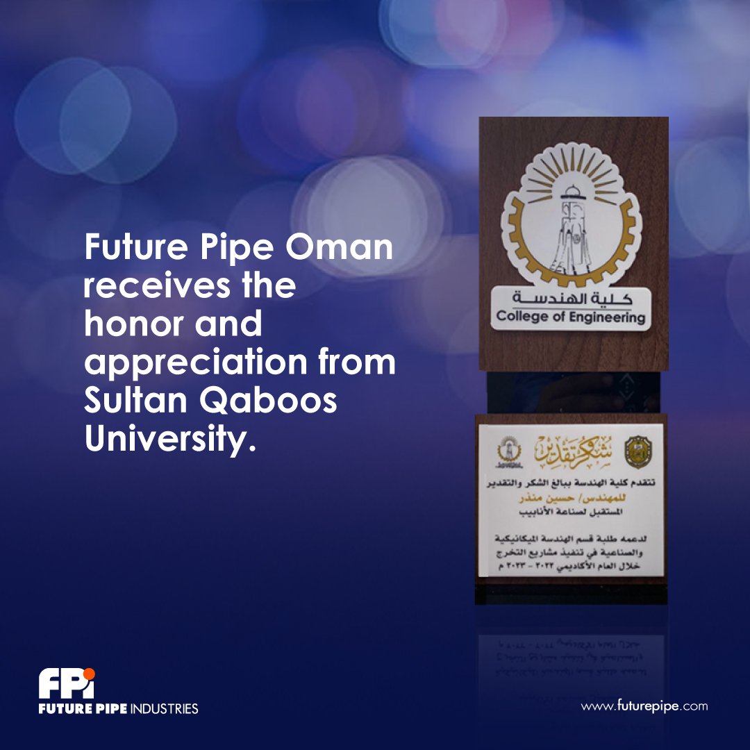 futurepipe's tweet photo. Future Pipe Oman receives the honor and appreciation from Sultan Qaboos University.
Read more: https://t.co/dcexMXN3XB
#awards #futurepipeoman #futurepipe #socialresponsibility #sultanqaboosuniversity #oman #fpioman #research #grepipes #glassreinforcedepoxy #compositepipes https://t.co/5IVFUAMYVF