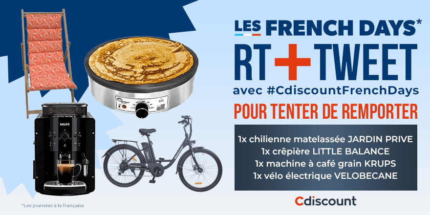 Cdiscount's tweet image. 🎁 Pour fêter les French Days sur Cdiscount, voici un #Concours made in France !
Tentez de remporter une chilienne matelassée, une crêpière, une machine à KF et un vélo électrique ❤️

🇫🇷 : bit.ly/42aQj5X

✔️ RT + TWEET avec #CdiscountFrenchDays

🍀 TAS le 11/05