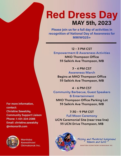 TheLinkMB's tweet photo. Red Dress Day - #Thompson, #Manitoba
Friday, May 5, 2023
#RedDressDay marks the National Day of Awareness for Missing and Murdered Indigenous Women, Girls, and Two-Spirited people in Canada..
@MKO_North
#ThompsonMB https://t.co/rlcChaYYx2