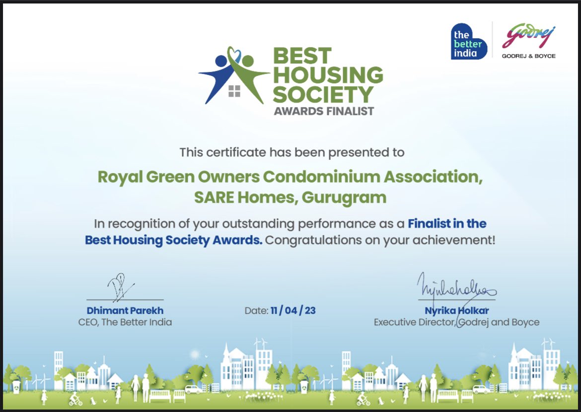 Praveenmalik86's tweet photo. Certificate of Appreciation for being the finalist in #Best_Housing_Society Awards by @thebetterindia

#SARE_Homes_Society is considered among finalists its a result of the residents/owners are contributing in all the sectors to make the society better.

@DC_Gurugram @MCManesar https://t.co/NpJF0vM5Tl