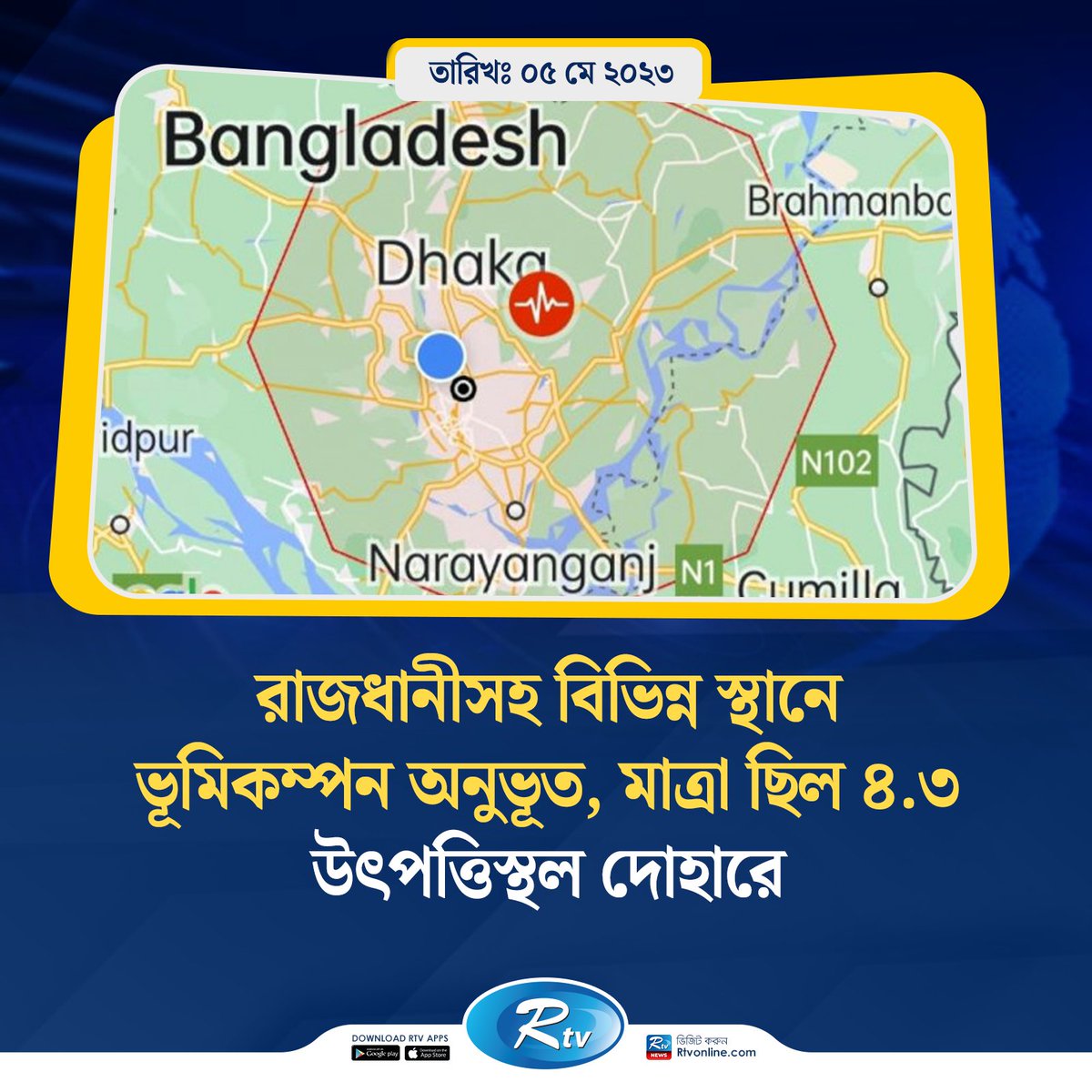 rtvonline's tweet photo. রাজধানীসহ বিভিন্ন স্থানে ভূমিকম্পন অনুভূত, মাত্রা ছিল ৪.৩, উৎপত্তিস্থল দোহারে https://t.co/tzhQVfwLZg
