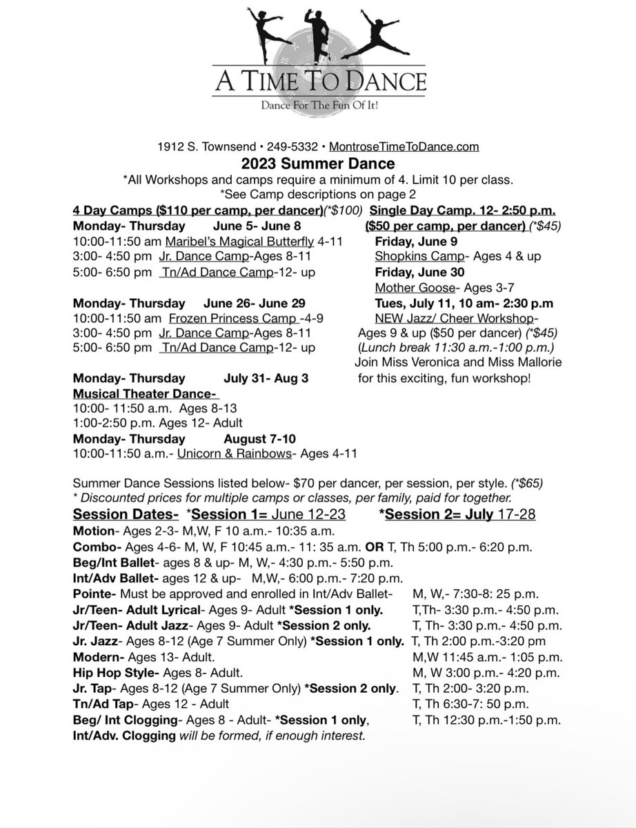 ax2dance's tweet photo. Our Summer classes and camps schedule is out! Come dance with us this summer for learning and fun! Our schedule is online at https://t.co/Qqqz8HDAid and is also at the end of this post. Call us to register before spots fill up!

#ATTD #dance #dancers #visitmontrose #montroseco https://t.co/fdxog6oJFu