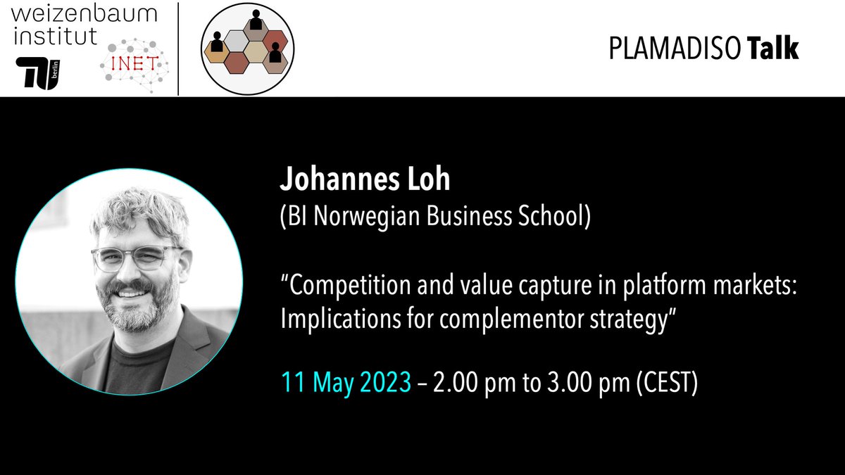 JWI_Digi_Econ's tweet photo. 🎉 Join us for the upcoming #PLAMADISO talk with @LohJohannes (@HandelshoyskBI)🔥
Discover the implications of #competition in #platform markets for #complementor #strategy, and how it affects #valuecapture 🚀
📅Thu, 2-3 pm (CEST)
👉 Register NOW here: https://t.co/09kYfoWXKz 🙏 https://t.co/VnVkhqh2Q1