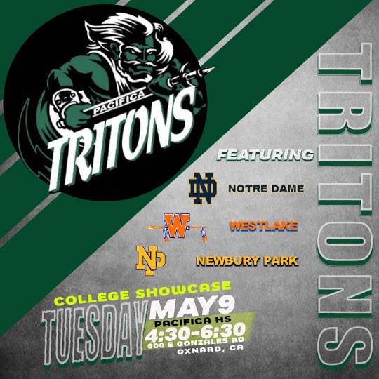 Pacifica Tritons Football (@tritonsfootball) on Twitter photo Pacifica High School’s first College Showcase. Featuring Notre Dame (SO), Newbury Park, and Westlake Pacifica High School’s first College Showcase. Featuring Notre Dame (SO), Newbury Park, and Westlake