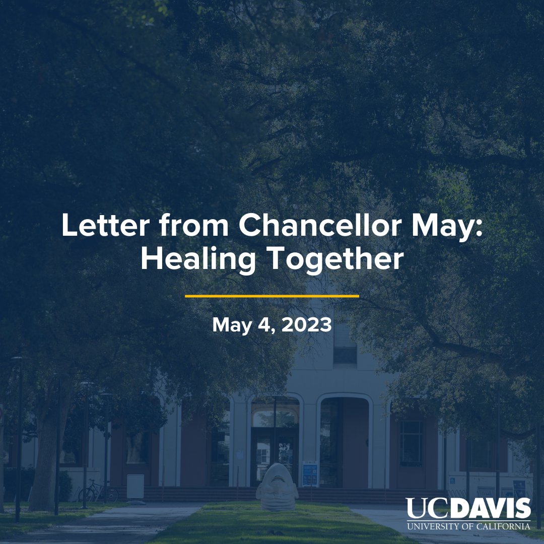 Chancellor_May's tweet photo. It is with a heavy but grateful heart that I come to you with the news that the @cityofdavispd today arrested a suspect in three stabbings, two of them fatal, over the last week.

There is relief in knowing the alleged perpetrator of these violent acts is now in custody.

1/6 https://t.co/ATPy78lTtl