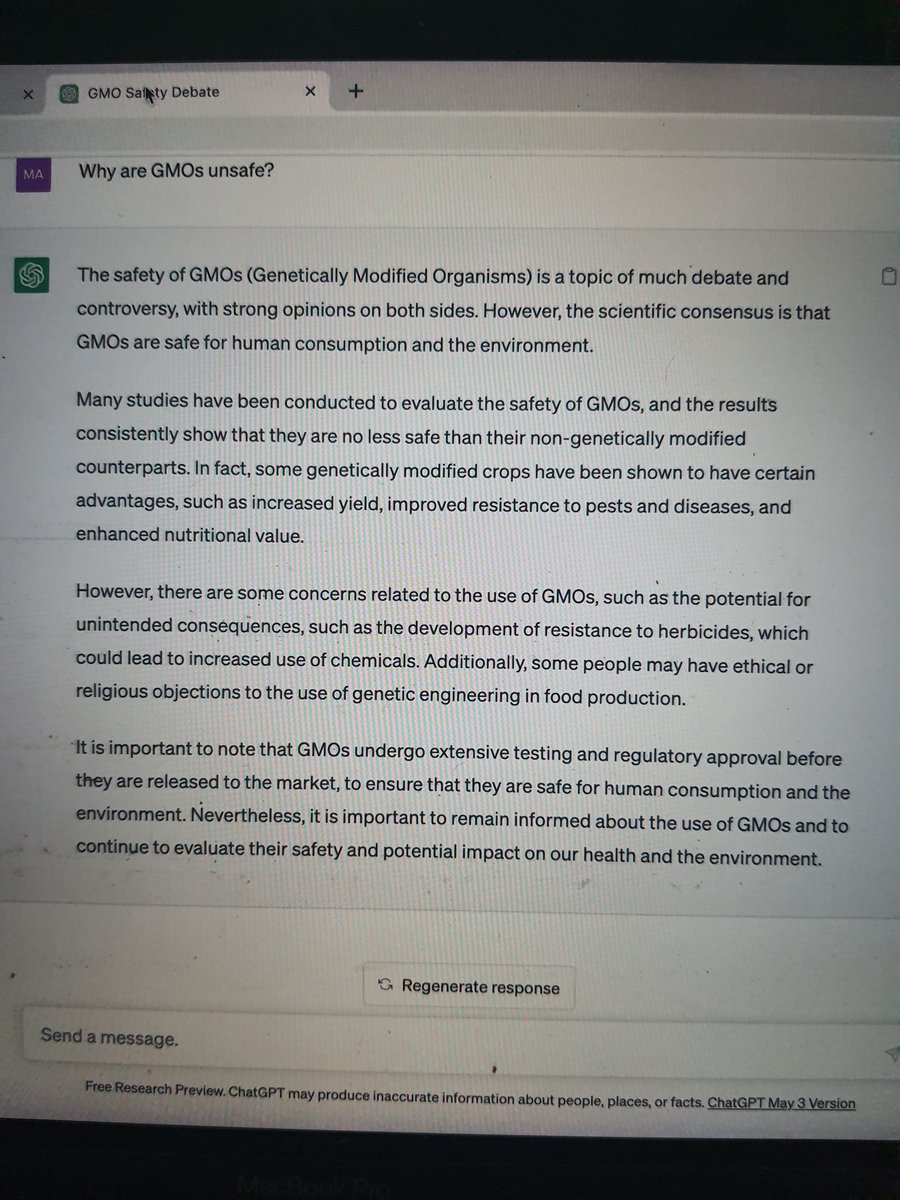 maha_arujanan's tweet photo. So I asked ChatGPT, why GMOs are unsafe. I framed my question in a negative tone. Yet, AI proved to be more intelligent than the real grey matter of many people. https://t.co/aKx64F6vDZ