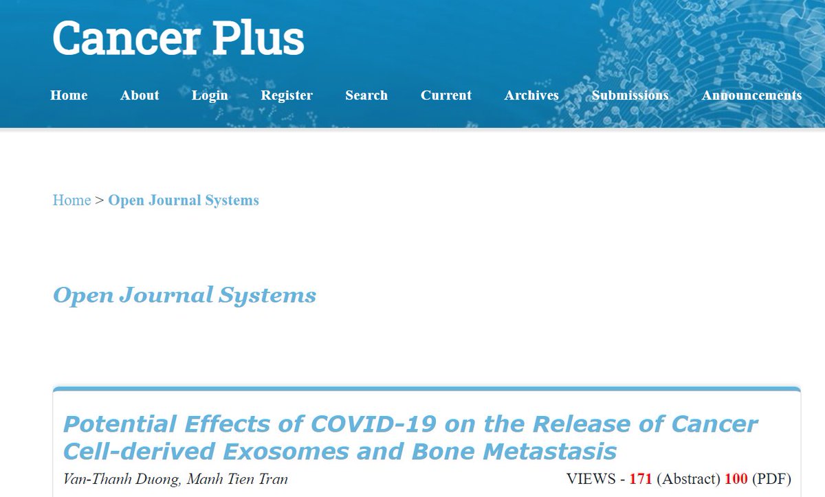 Cancer_Whioce's tweet photo. Welcome to read this article from Cancer Plus. 🤗Potential Effects of #COVID-19 on the Release of #Cancer Cell-derived #Exosomes and #Bone #Metastasis

See more detail at: 👇👇https://t.co/gg3L2A6FTB https://t.co/st9IeIZiyQ