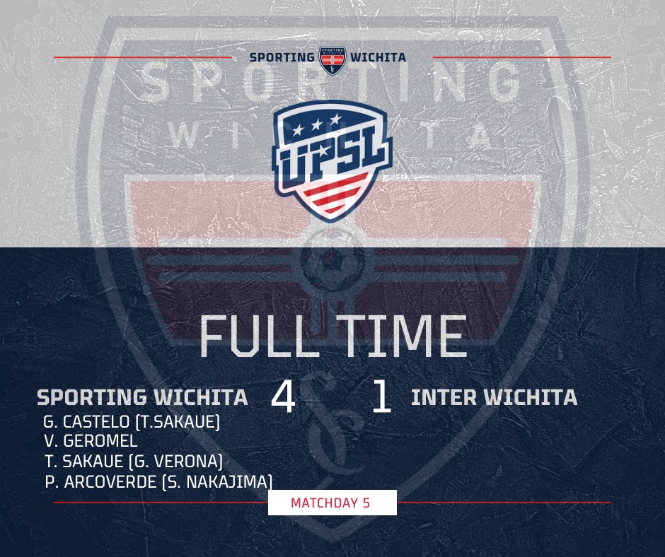 Final score in Wichita! Sporting Wichita First Team move to 5-0 on the season.

#UPSL #SW1 #wichita #soccer