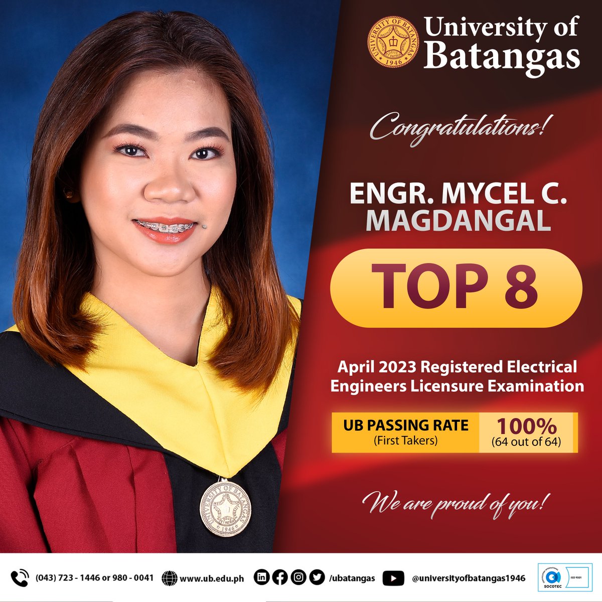 UBatangas's tweet photo. Congratulations, Engr. Mycel C. Magdangal for placing TOP 8 in the April 2023 Registered Electrical Engineers Licensure Examination!

We are so proud of you, UBian!

#UBecomeWhatUBelieve https://t.co/JCXBobu5yX