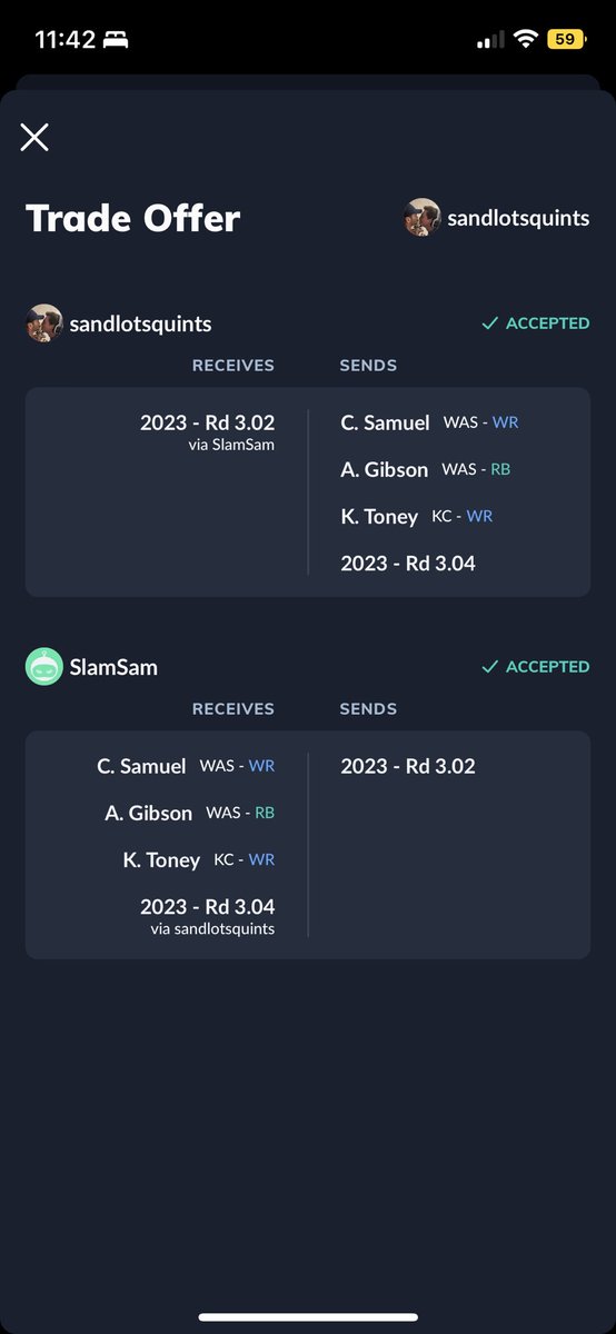 EmilyWeinerCO's tweet photo. Notable draft day trades. Will Jahmyr Gibbs live up to the hype? Will sandlotsquints regret trading up for Will Levis. Did LilCheescake ruin his team? Is Henson Hooker worth all of the pieces sandlotsquints gave up? https://t.co/NoLnV7Ggp8