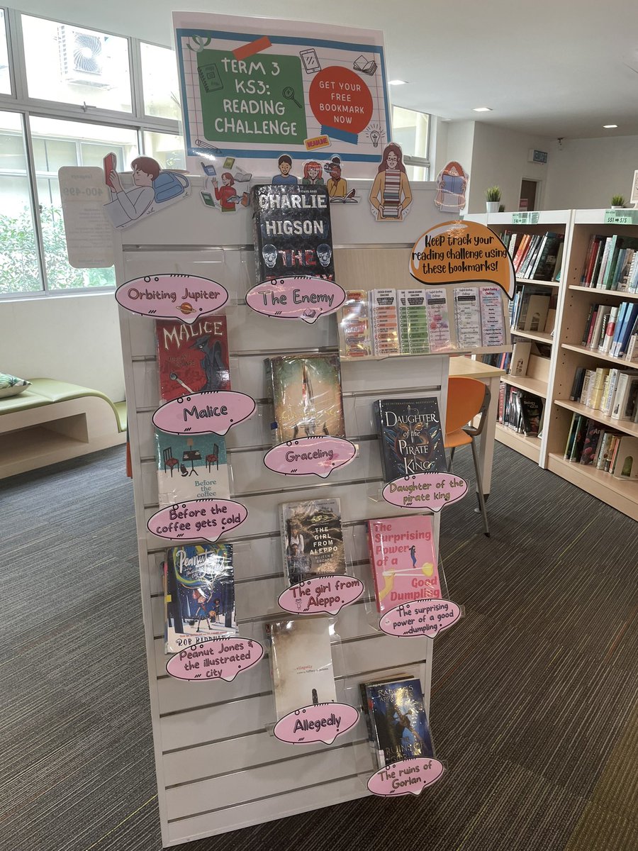 GISEnglishSec's tweet image. KS3 students are encouraged to get involved in the Term 3 KS3 Reading Challenge. See the lovely display in the library and pick up your free bookmark as well. #gislibrary #gislearning