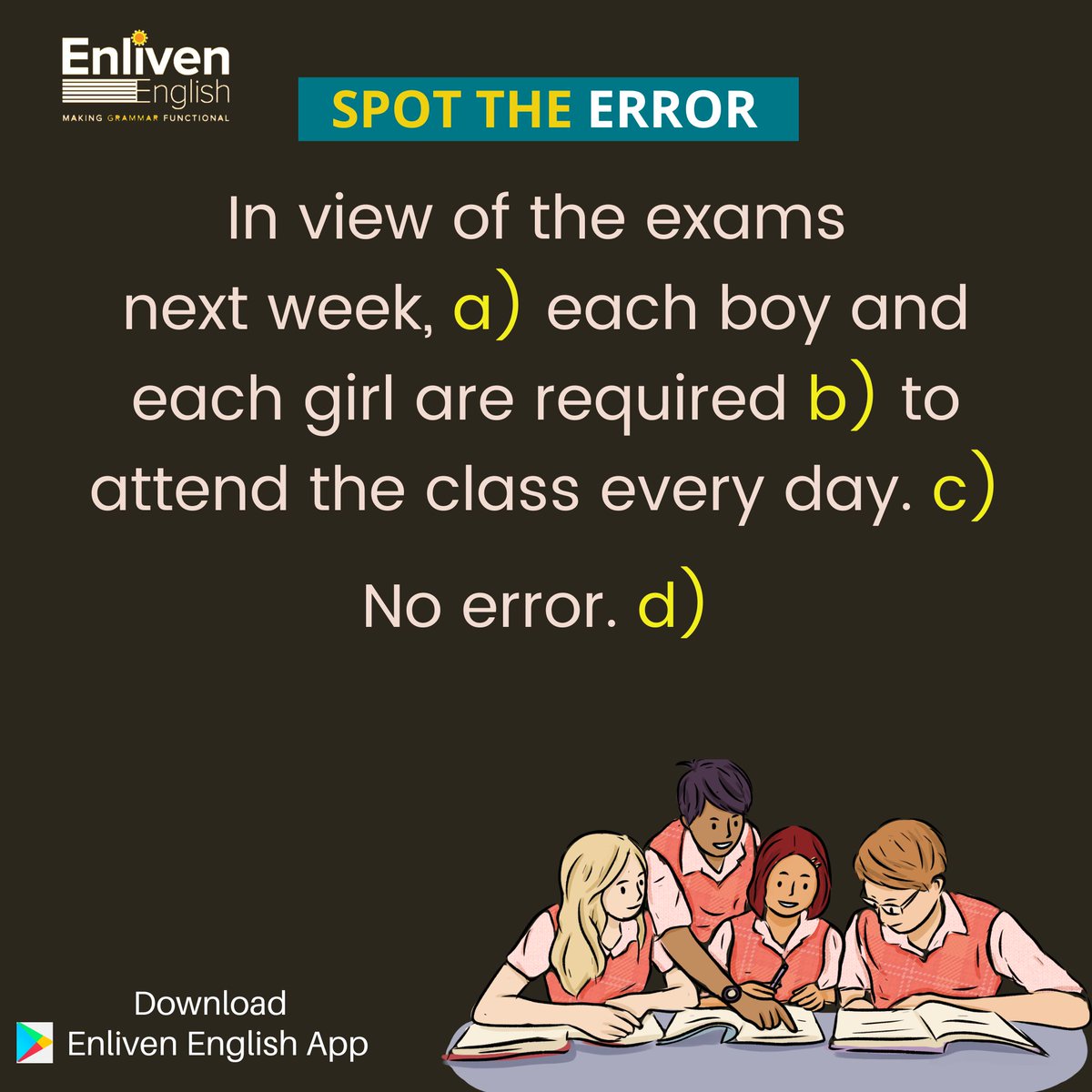 EnglishEnliven's tweet photo. Can you spot the grammatical error in the following sentence? πππ
#grammar #learnenglish #practicalgrammar https://t.co/atqNkRikgr