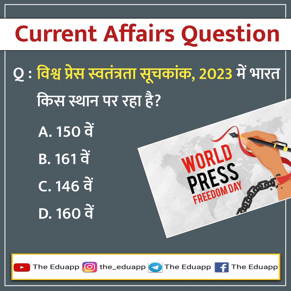 EduappThe's tweet photo. World Press Freedom Index 2023 #currentaffairs #index2023 #indexandrank2023 Ans. B https://t.co/A7mmxqABGl