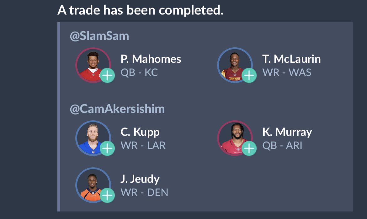 schefter_a7637's tweet photo. TRADE INSANITY

With all that has happened in this years draft, Andrew Shapiro decides to trade away Patrick Mahomes and WR Terry Mclaurin for potential arguable top 5 WR Cooper Kupp, Kyler Murray, and Jerry Jeudy. Who would’ve thought…@EmilyWeinerCO https://t.co/n1kSw1gNSE