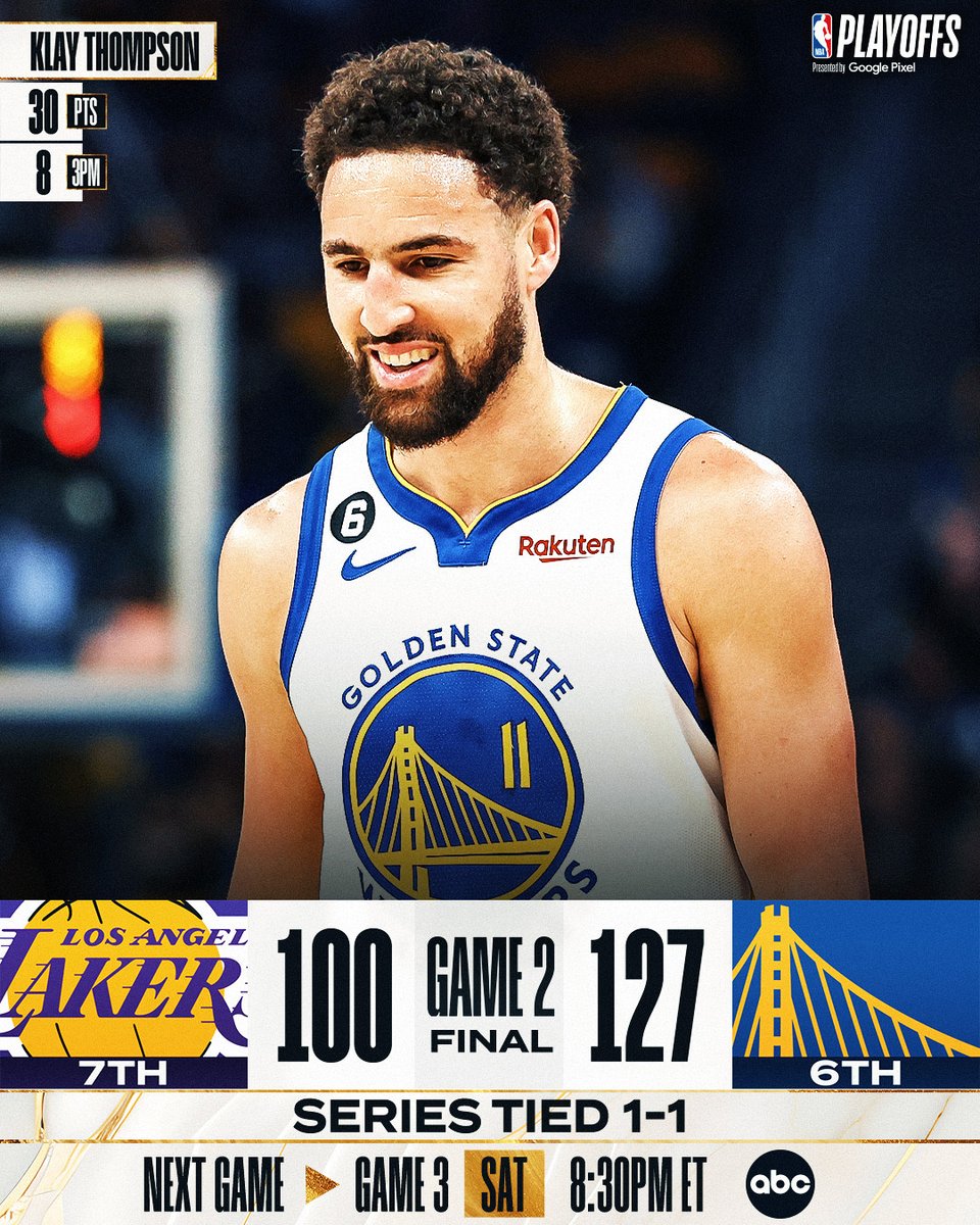 NBA (@nba) on Twitter photo 🏀 FINAL SCORE 🏀
Klay Thompson leads the <a href="/warriors/">Golden State Warriors</a> to a huge Game 2 win to even the series!
Steph Curry: 20 PTS, 12 AST
Draymond Green: 11 PTS, 11 REB, 9 AST
📅 Game 3: Saturday, 8:30 PM ET on ABC 🏀 FINAL SCORE 🏀
Klay Thompson leads the <a href="/warriors/">Golden State Warriors</a> to a huge Game 2 win to even the series!
Steph Curry: 20 PTS, 12 AST
Draymond Green: 11 PTS, 11 REB, 9 AST
📅 Game 3: Saturday, 8:30 PM ET on ABC