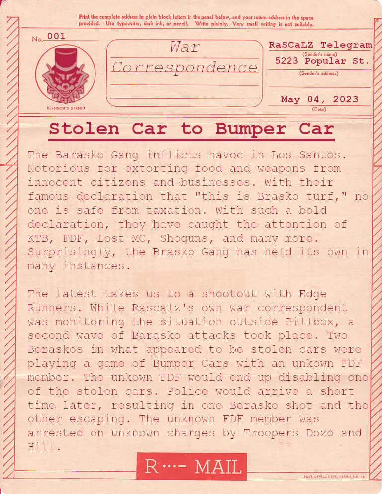 r3spawnz_x3's tweet photo. The first RaSCaLZ Telegram published by the War Correspondence. #Twitch #NewDayRP #TacNerd #Rascalz #WarCorre #GTAVRP https://t.co/QWuP5AfFWR