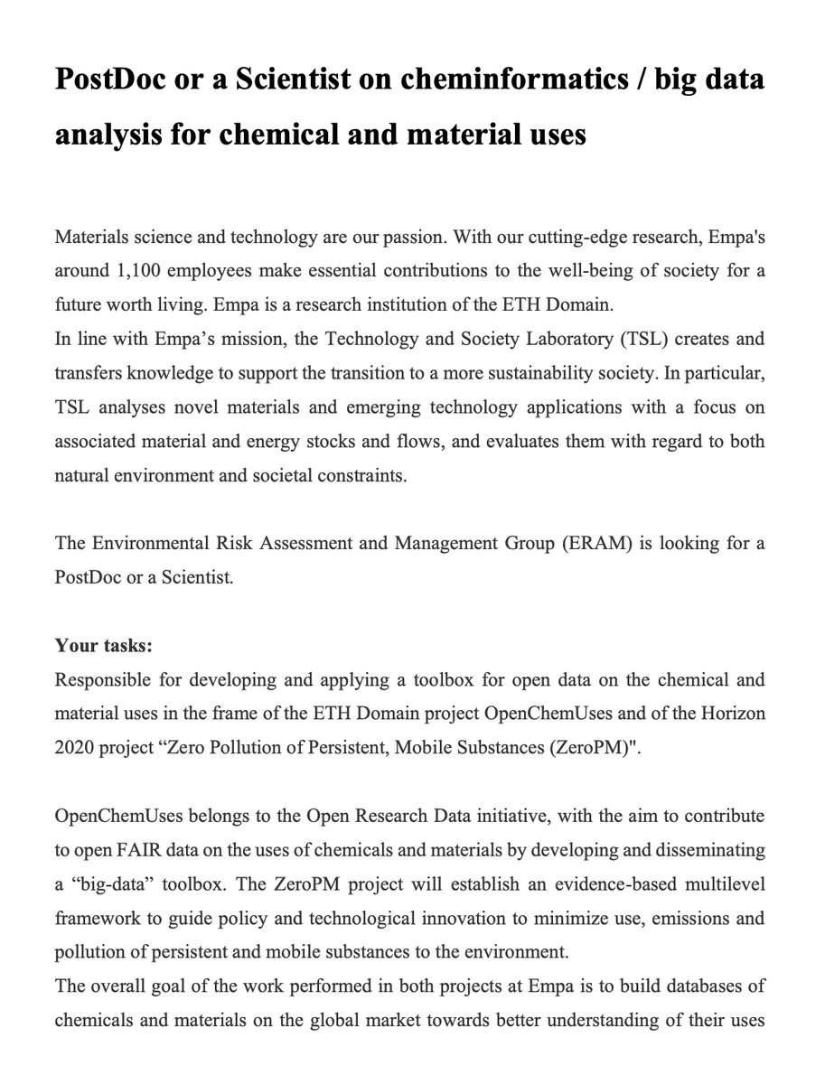 #jobopportunity

PostDoc or a Scientist on cheminformatics / big data analysis for chemical and material uses
 
The Environmental Risk Assessment and Management Group (ERAM) is looking for a PostDoc or a Scientist.
 
Details: empa.ch/web/s506

#cheminformatics #bigdata