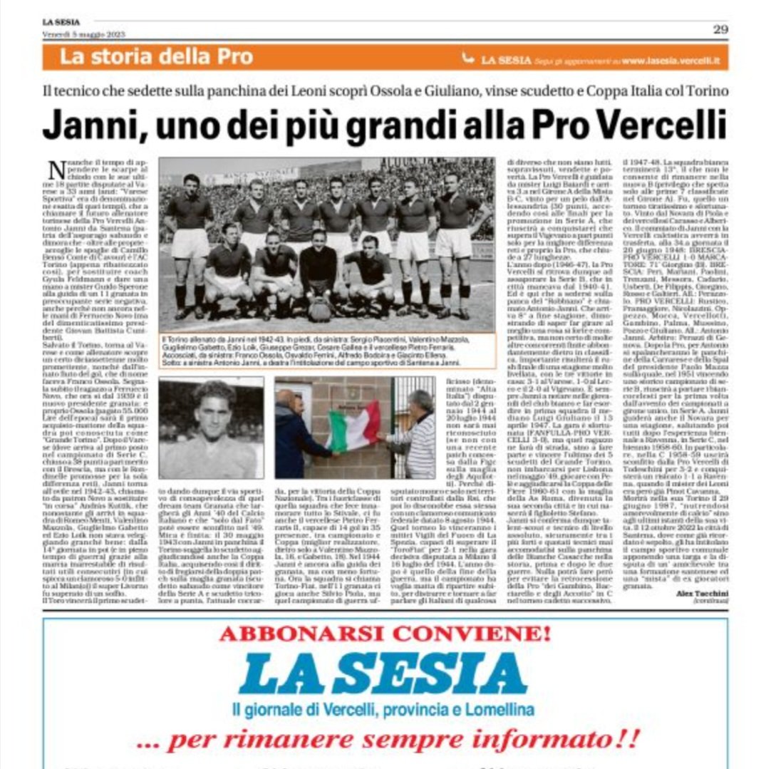 alextacchini's tweet photo. L'ultima parte sulla storia di Antonio Janni - mister che diede il via al Grande Torino e che sedette per due stagioni (1946-48) anche sulla panchina della Pro Vercelli, oggi su La Sesia. #ACTorino #fctorino #antoniojanni #fcprovercelli #usprovercelli #ProVercelli #GrandeTorino https://t.co/DHcDaipjWx