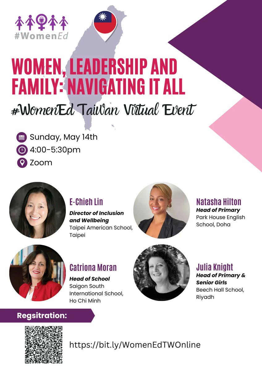 mshiranandani's tweet photo. Join us for our #WomenEd Taiwan virtual event! 
📝Topics:
1. Moving into Leadership
2. Balancing Work and Family
🗣️Panel: @CatrionaCMoran, E-chieh Lin, @NatashaHilton3, and @KnightWilliams
💵FREE!
📆Sunday, May 14th
🕐4:00-5:30pm (UTC+8)
📌Zoom
🔗Register: https://t.co/BWgbcqT9XO https://t.co/A4EAcEMcVY