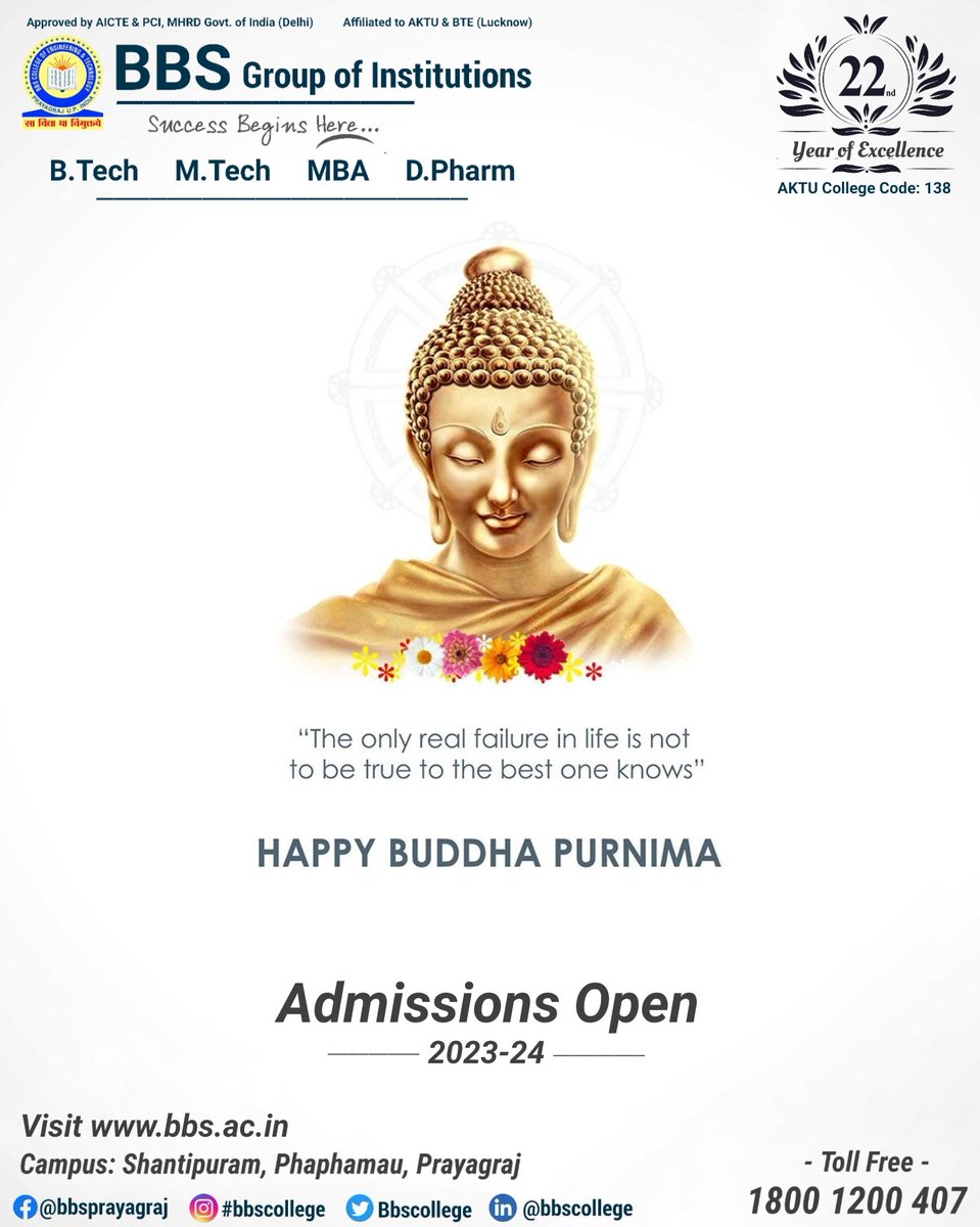 BbsCollege's tweet photo. May the message of love, peace and non-violence always guide our thoughts and actions.
#BBSCET #Placements #Engineering #Management #Pharmacy #BTech #ComputerScience #Electrical #Mechanical #Civil #MBA #AKTU #Admissions2023 #College #Success #Excellence #Prayagraj #BuddhaPurnima https://t.co/vq4Zv7sAyh